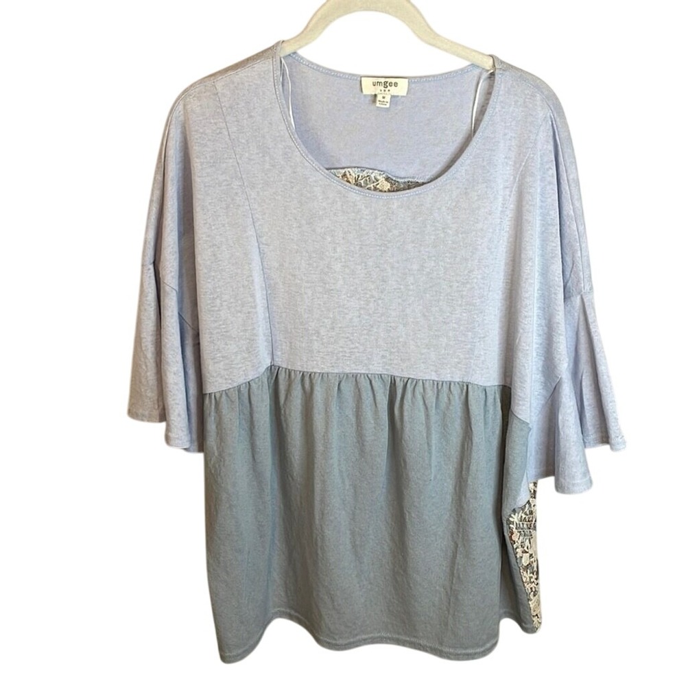 Umgee Blue Floral Lace Back‎ Top Dolman Sleeve Babydoll Blouse